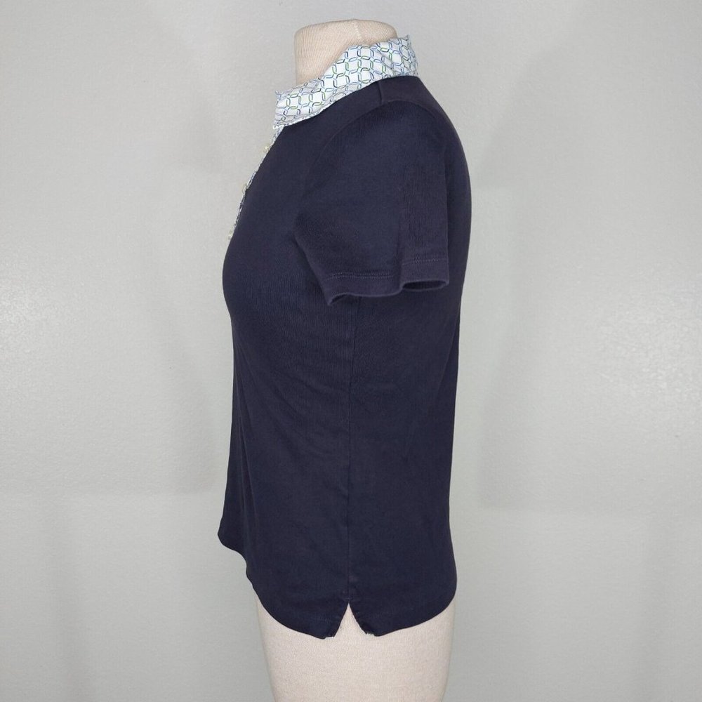 Lands End Womens XS Petite Polo Shirt Short Sleeve Navy Print Collar - Picture 3 of 12